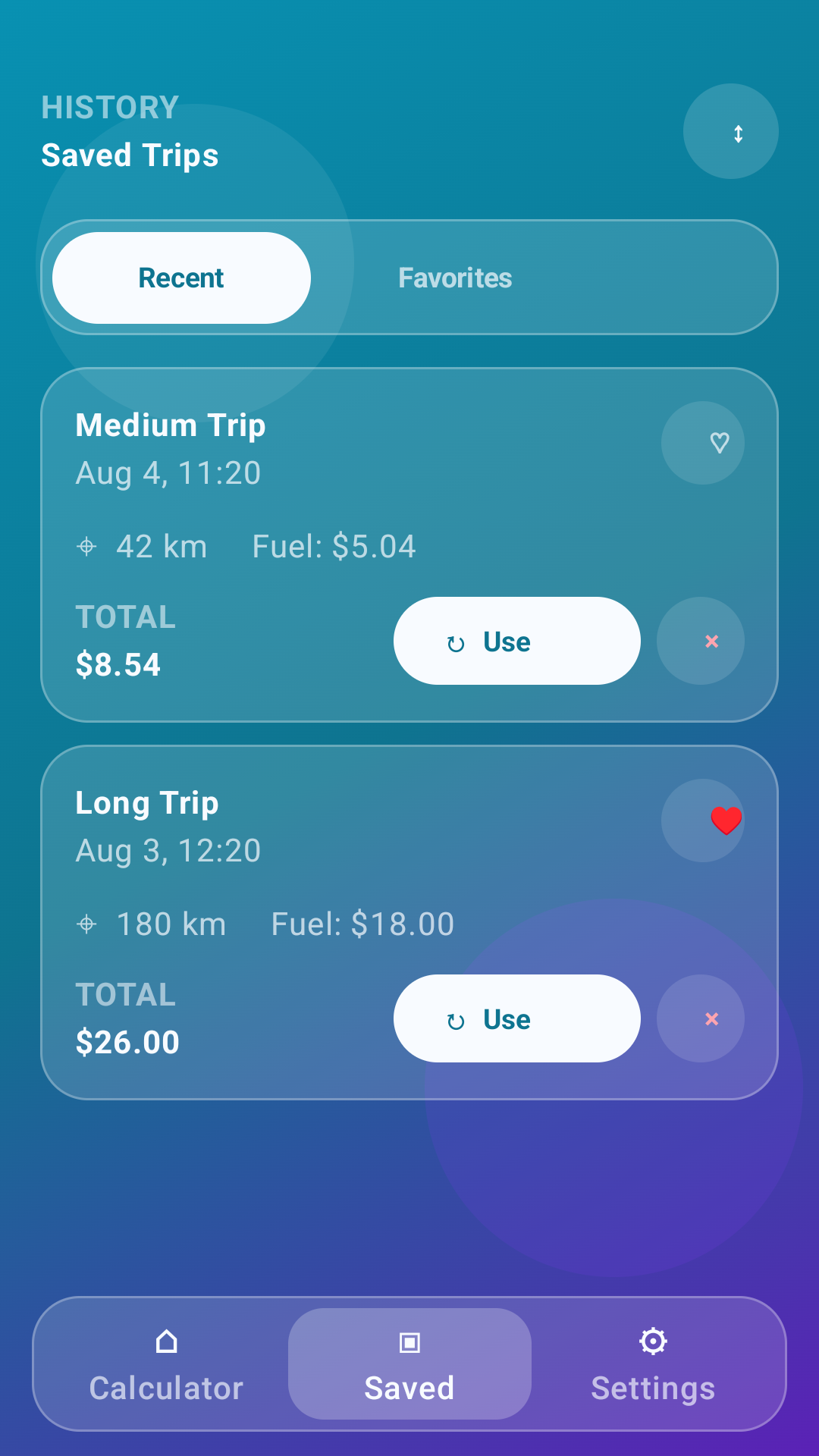 Mileage Master saved trips screen