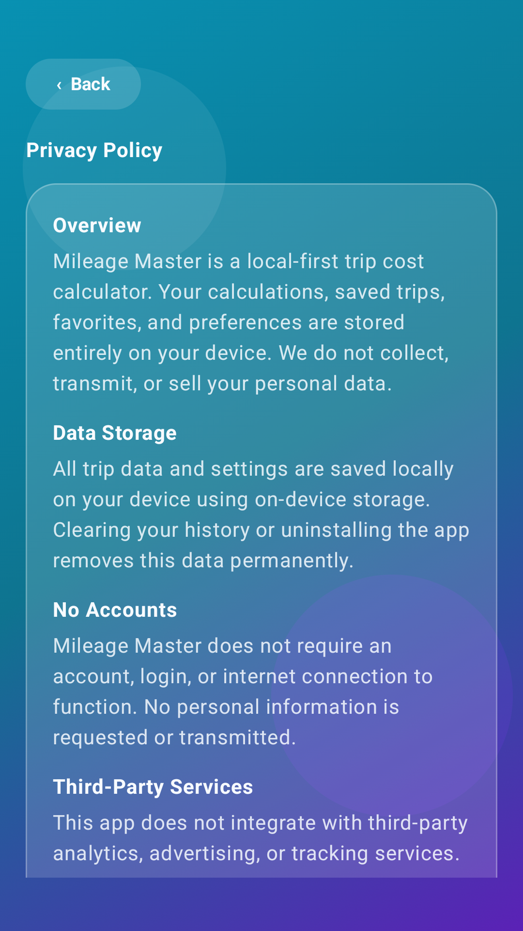 Mileage Master privacy screen